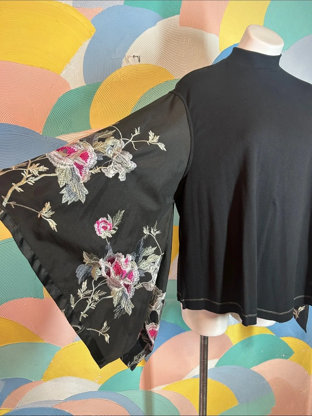 Free People Black Floral Embroidered Bell Sleeve Top